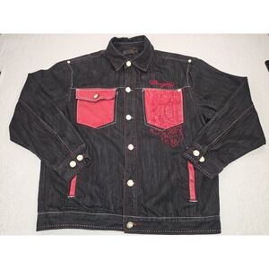 Authentic COOGI Denim Jacket Red Leather Panels Embroidered Back Y2K Streetwear